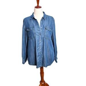 Chico's denim blouse blue buttoned long sleeve collared pockets shirt Sz 2 US L